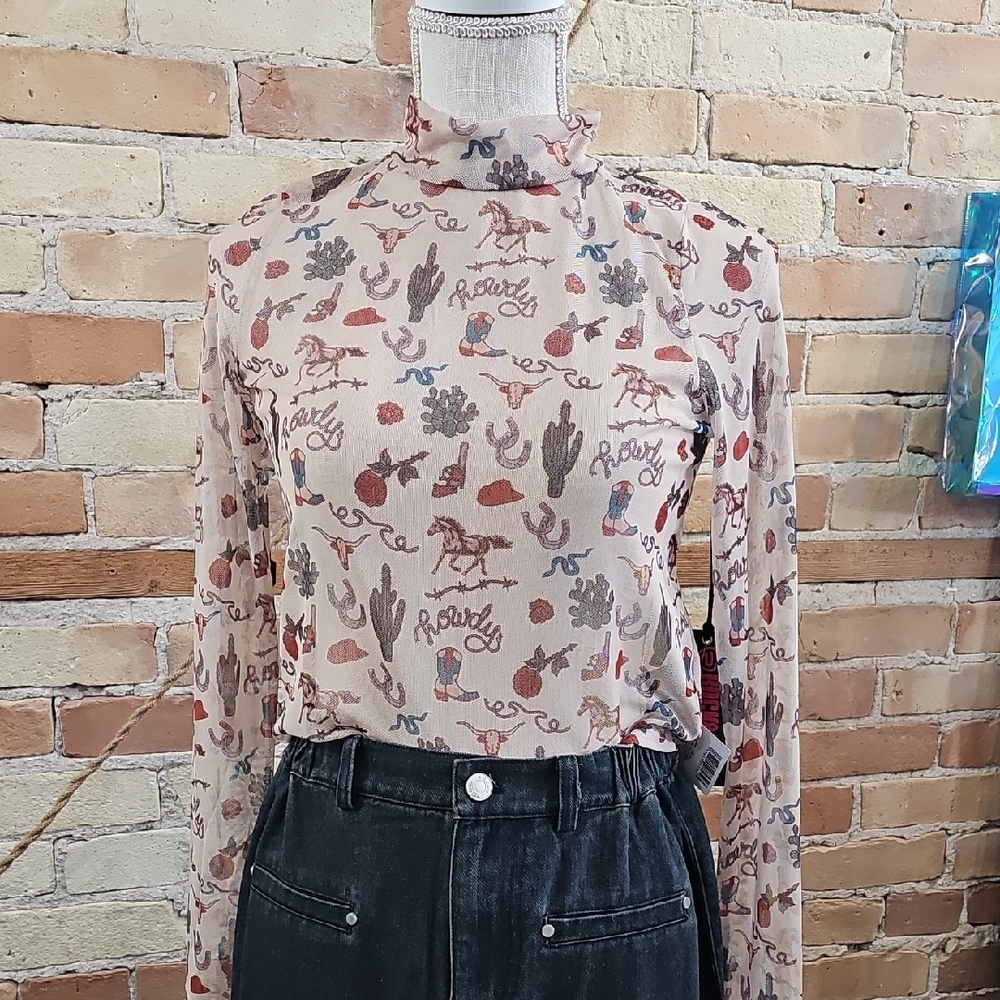 Women's Beige Mesh Graphic Long Sleeve Top